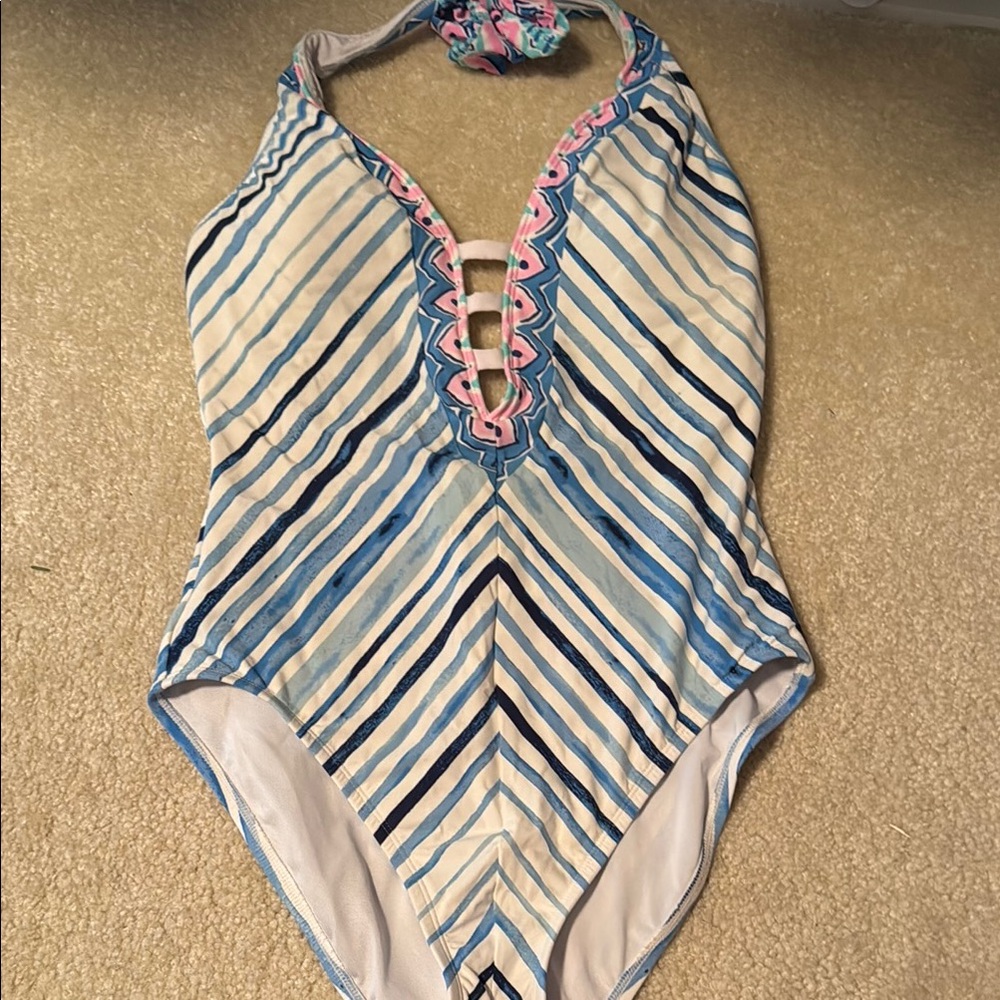 Lilly Pulitzer Blue and Pink One Piece Swimsuit with Chevron Stripes